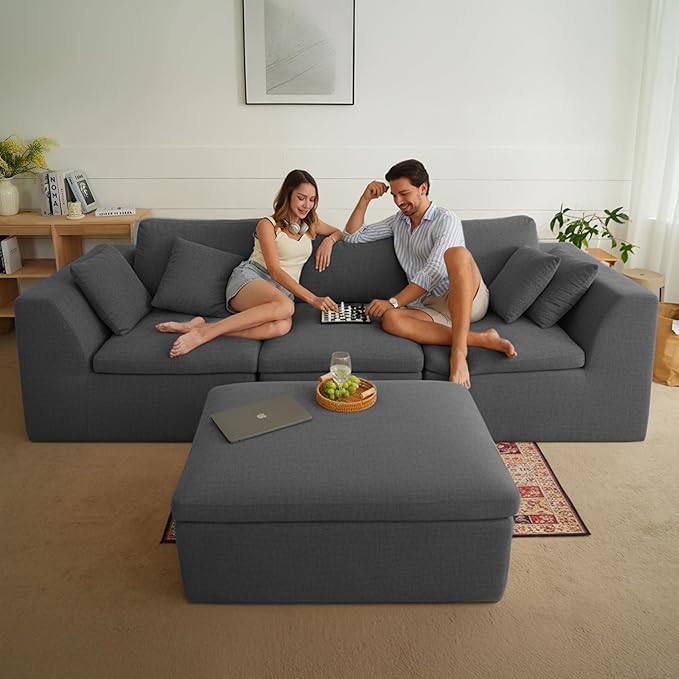 115" Cloud Boneless Sectional Couch, Deep Seat L Shaped Modular Couch with Ottoman, Oversized Upholstered Convertible 4 Seater Modular Sofa for Living Room,DarkGary Chenille