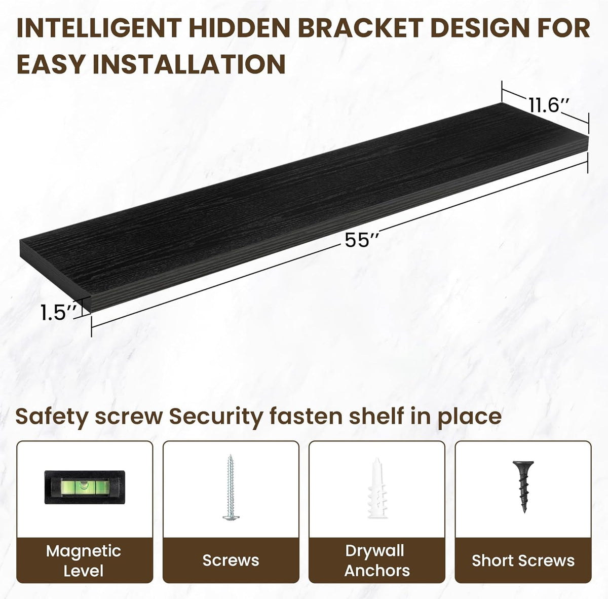 55 Inch Floating Shelves, 12 Inch Deep Floating Shelves for Wall, Floating Shelf with Invisible Brackets, Deep Shelves for Bathroom, Bedroom, Living Room, 1 Pack, Black