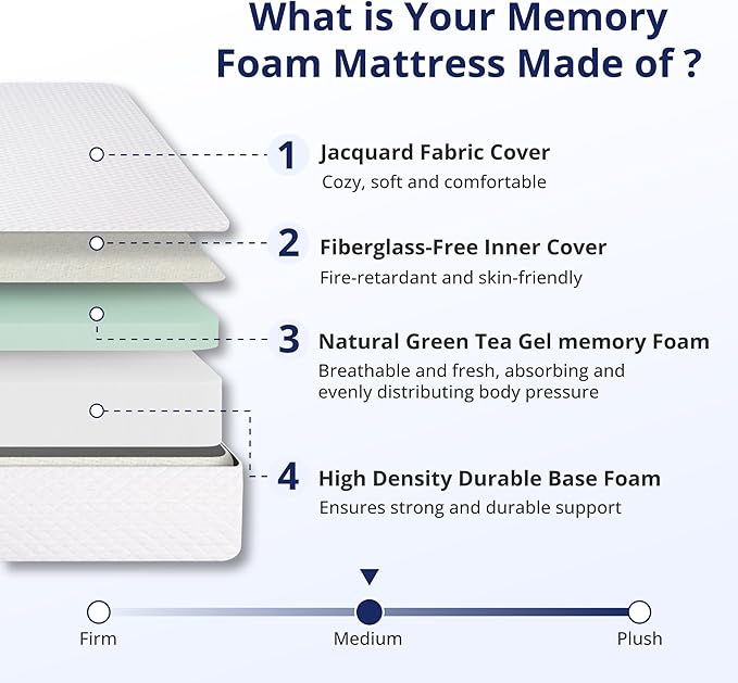 King Mattress 12 Inch Green Tea Memory Foam Mattress for Cool Sleep & Pressure Relief,Medium Feel Support, Fiberglass Free, Bed in a Box, Removable Washable Cover, CertiPUR-US Certified