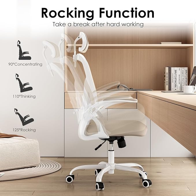 Farini Ergonomic Office Chair, Home Office Desk Chair with Headrest, High Back Computer Chair with Armrests and Adjustable Lumbar Support for Home Office Study Room, White & Khaki