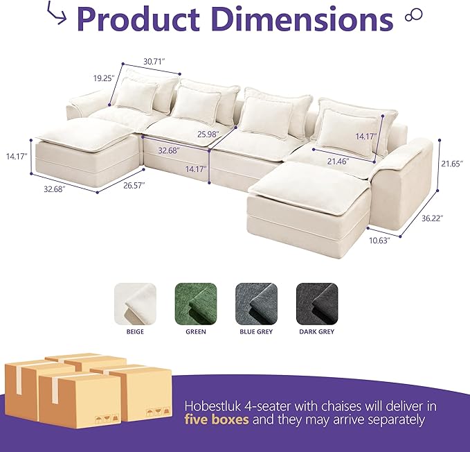Hobestluk 152" Cloud Modular Sectional Couch 4-Seater Sofa with Ottomans U Shaped Couch Deep Seat Sofa with Removable Cover for Living Room (Beige, 4-Seater Sofa with Two Ottomans)