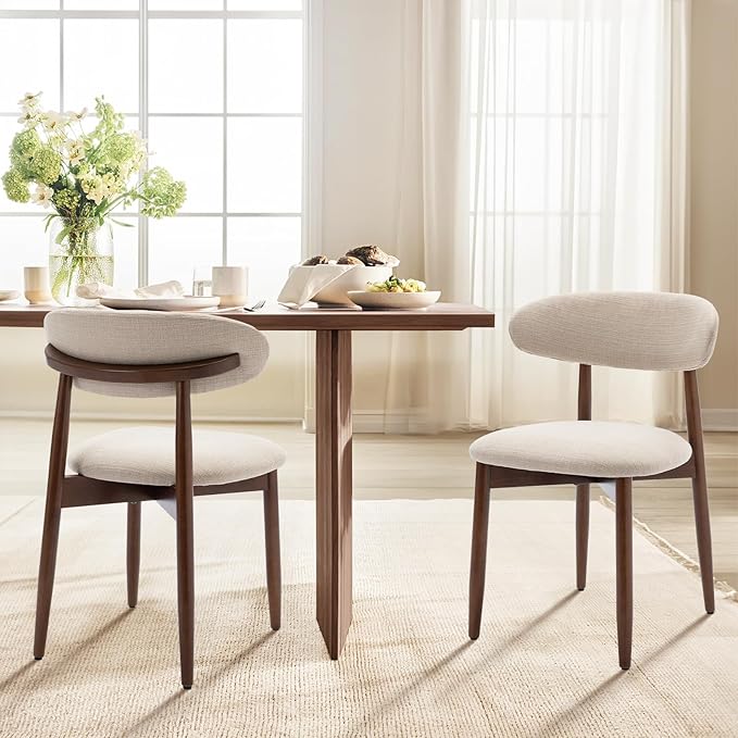 COLAMY Wooden Dining Chairs Set of 4, Modern Fabric Upholstered Kitchen Side Chairs, Farmhouse Dining Room Chair with Foot Pegs, Beige