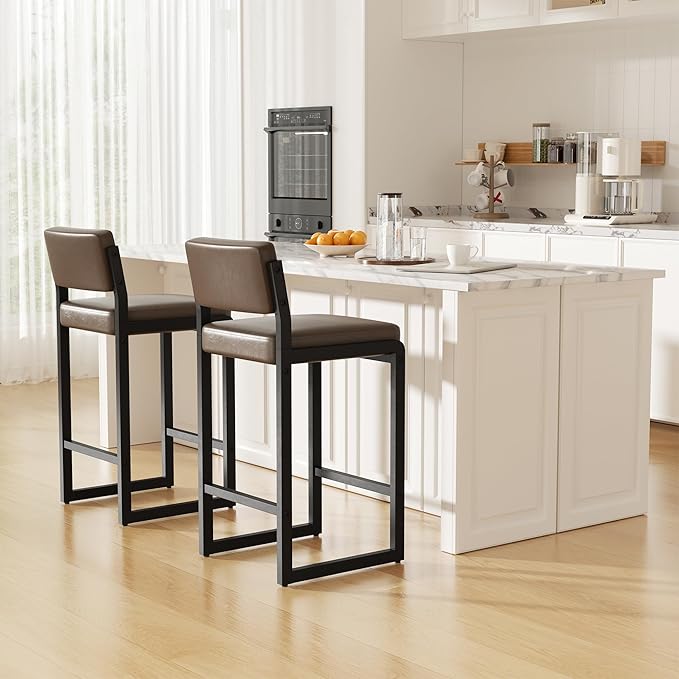 Bar Stools Set of 3, Faux Leather Counter Height Bar Stools with High Back and Metal Legs, Upholstered Bar Chairs, 26" Modern Barstools for Kitchen Island, Dark Brown