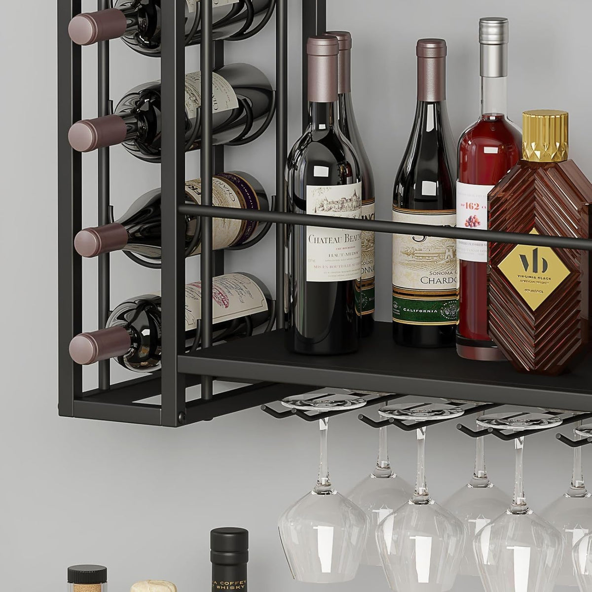 Wall Mounted Wine Rack, Wine Rack Wall Mounted with Wine Glass Rack, 2-Tier Multi-Functional Shelf for Home Restaurant Bar Storage Rack,Black (47.2”W x 9.8”D x 21.65”H)