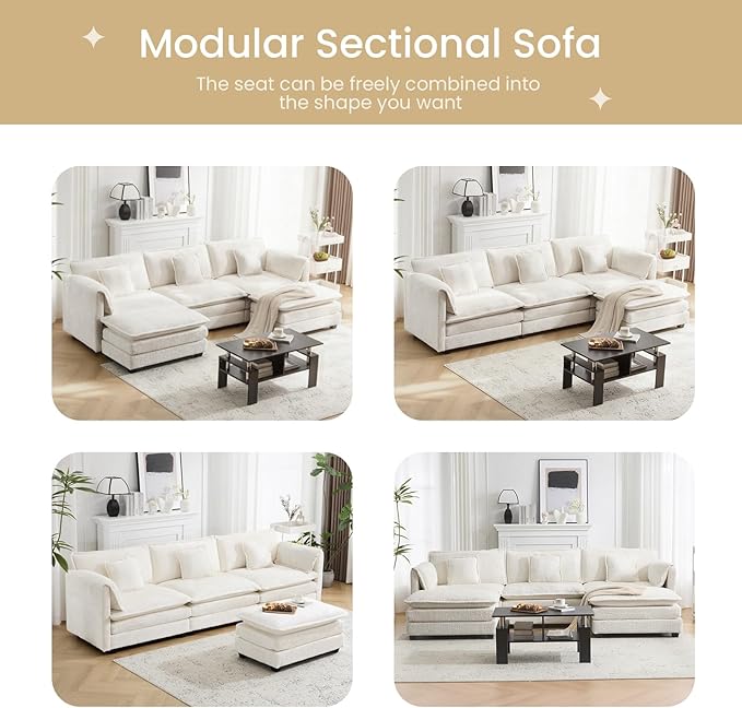 76.2" Modular Sectional Sofa with Movable Ottoman, Deep Seat couches for Living Room, 2 Seater Loveseat Sofa, L Shaped Comfy Cloud Couch with Removable Cover, Armrest Pillow (Beige)