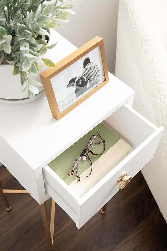 Kate and Laurel Decklyn Decorative Glam Tea Table; 12 x 12 x 30; White and Gold; Modern Living Room Drink Table with Pull Drawer for Useful Storage
