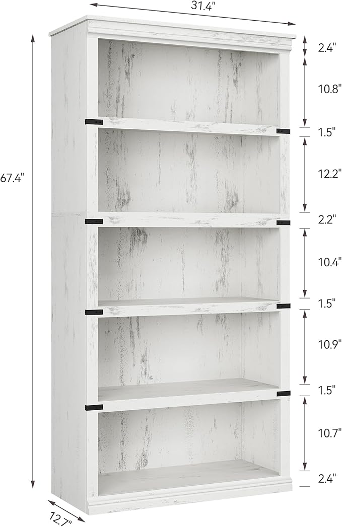 IDEALHOUSE 5 Tier Bookcase, Farmhouse Book Shelf with Storage, Tall Book Case Wooden 5 Shelf Bookcase for Home Office, Living Room, Bed Room (White, 67.4" H x 31.5" W x 12.8" D)
