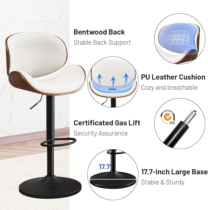 Furniliving Adjustable Bar Stools Set of 2, Swivel Bentwood Barstools Counter Height Bar Stools, Ergonomic Modern Bar Stools with Back Upholstered Barstools for Dining Room, Kitchen, Bar, White, PU