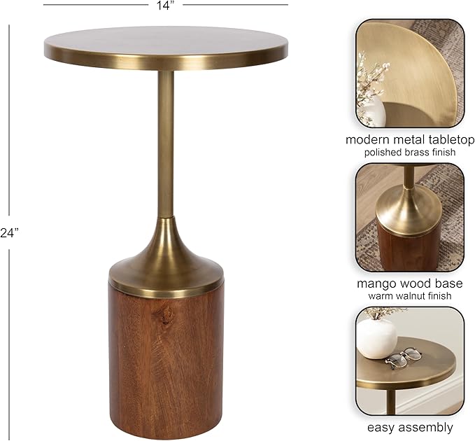 Kate and Laurel Whelan Modern Metal Round Side Table, 14 x 14 x 24, Antique Brass and Walnut Brown, Transitional Sculptural Indoor Plant Stand for Living Room End Table or Bedroom Nightstand