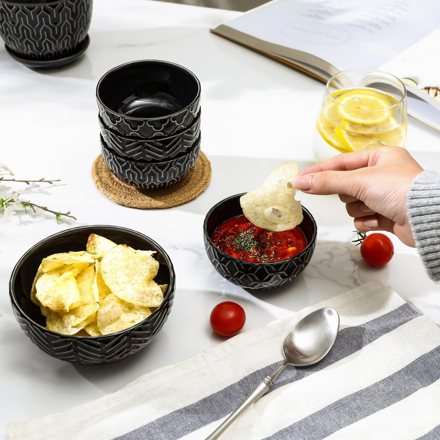 Sureasy Small Bowls 4 OZ, 3.5 Inch Dipping Bowls, Ceramic Embossed Mini Bowl for Side Dishes, Sauces, Appetizer, Housewarming, Set of 4, Black