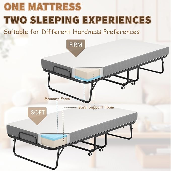 75" x 31" Folding Bed with Mattress for Adults, Portable Foldable Single Beds with Memory Foam Mattress & Super Strong Frame, Convenient Roll Away Guest Bed for Storage