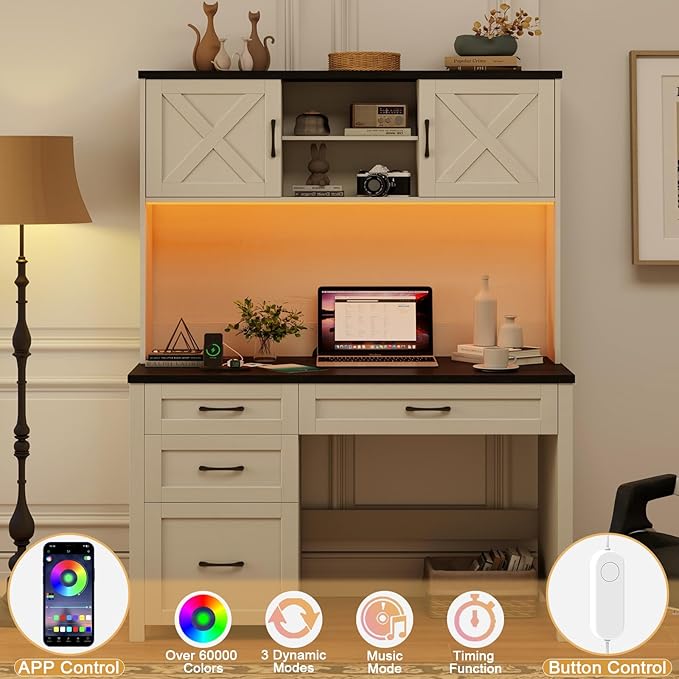 Farmhouse 67" H Executive Desk with Hutch,Computer Desk with 4 Drawers and LED light, Office table with Storage Cabinet & File Drawers and Charging Station, Wood Workstation for Home Office and Study