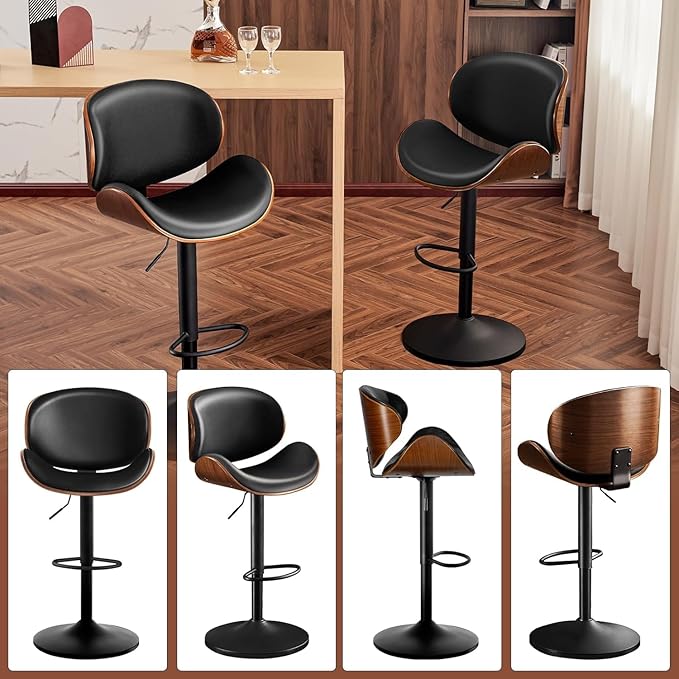 Furniliving Adjustable Bar Stools Set of 2, Swivel Bentwood Barstools Counter Height Bar Stools, Ergonomic Modern Bar Stools with Back Upholstered Barstools for Dining Room, Kitchen, Bar, Black, PU