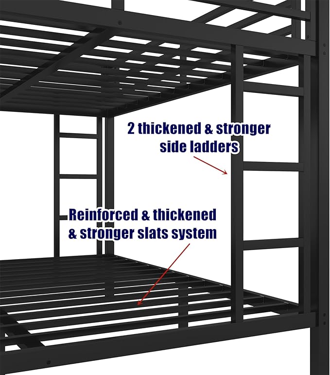 Higher Quality & Stronger Heavy Duty Industrial Style Metal Queen Over Queen Bunk Bed, Thickened More Stable Black Steel Bunkbed (Easier to Assemble)