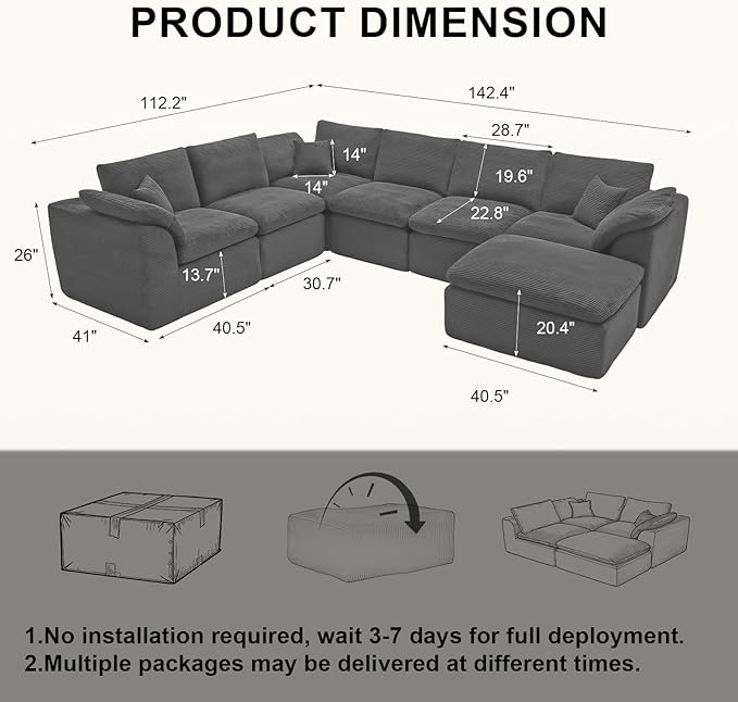 143" Cloud Sectional Couch, Boneless couches for Living Room, 7 Seater Large Modular Sectional Sofa with Deep Seat, Comfy Soft Cushions, No Assembly, Gray