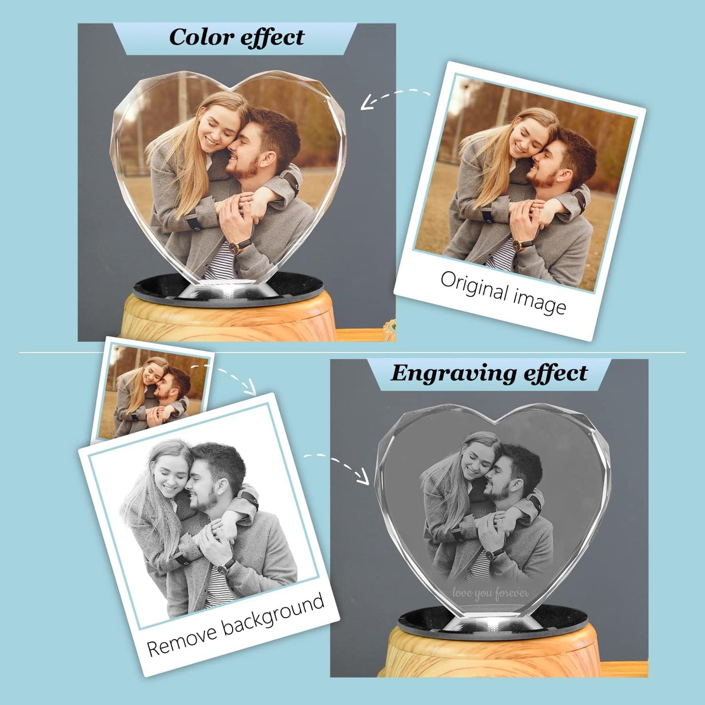 Personalized Heart Crystal Print with Your Photo, Office Desktop Decor Personalized Picture Gifts Glass Clear Frame with Bluetooth Rotary Speaker Color Led Light Changing Mood Light