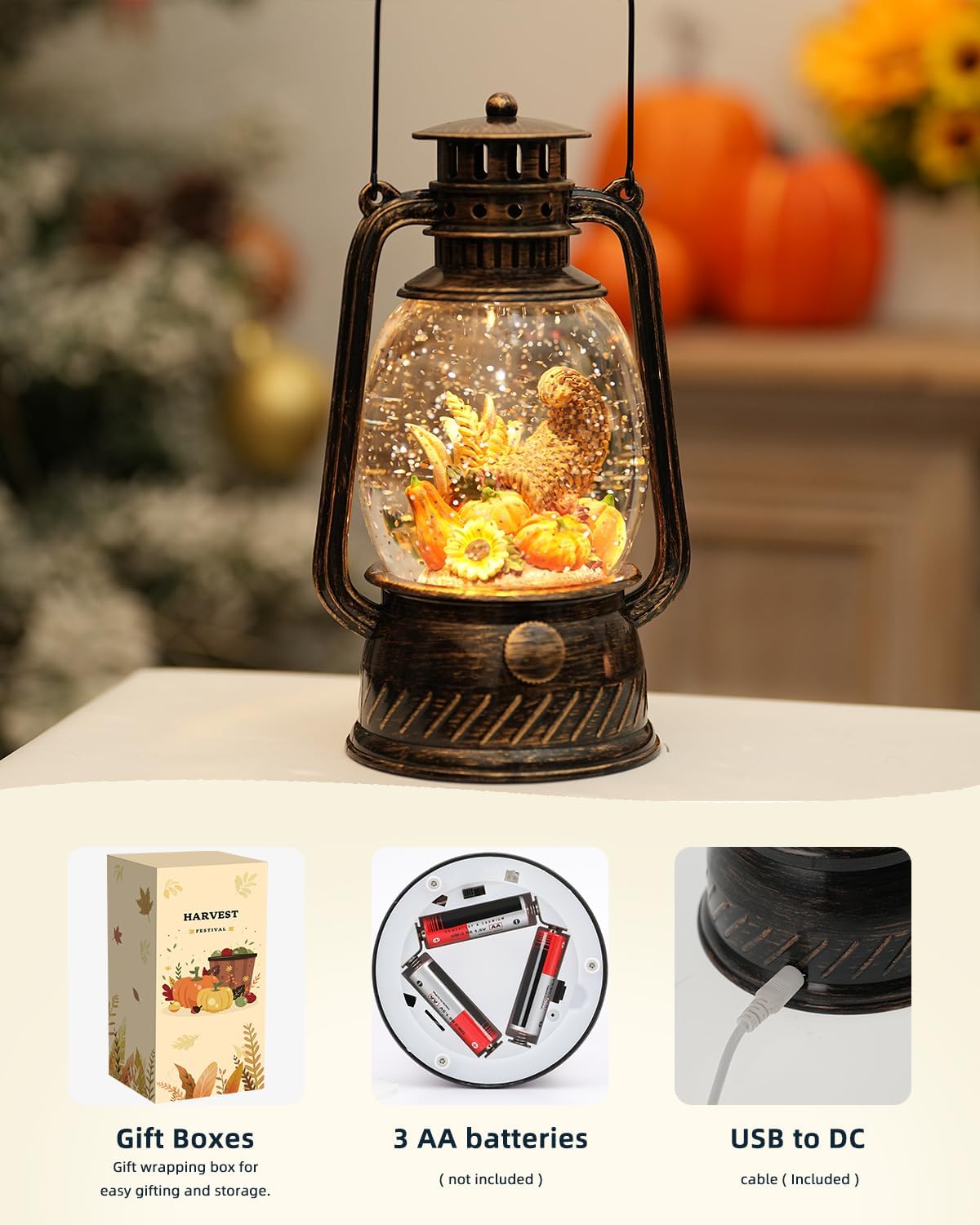 Fall Decorations for Home - Vintage Fall Snow Globe Lantern with 6H Timer,Pumpkin Sunflowers Scene Snow Globes USB or Battery Powered,Fall Decor for Fall Harvest Thanksgiving Autumn