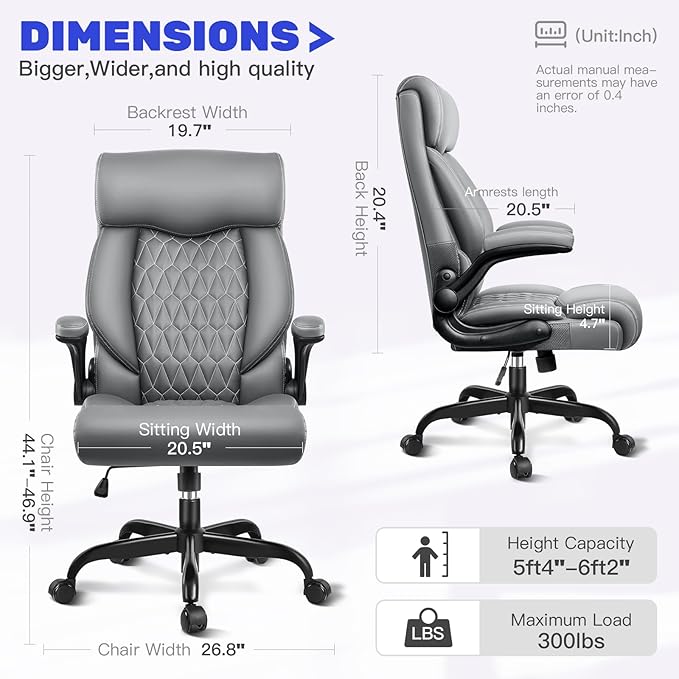 High Back Executive Office Chair - Ergonomic Computer Desk with Rocking Function, Leather Managerial with Adjustable Flip-Up Armrests and Lumbar Support