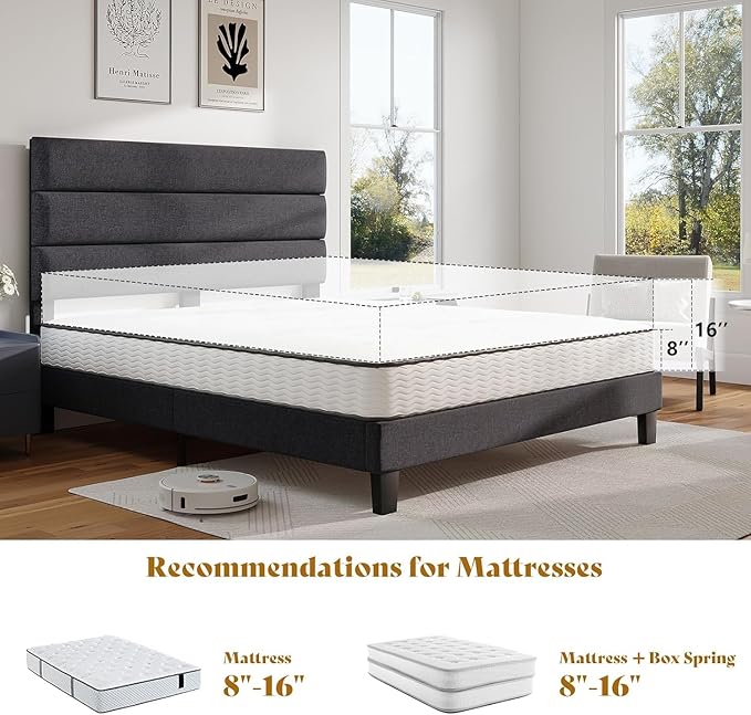 AMERLIFE Queen Size Bed Frame with Linen Upholstered Headboard, Modern Platform Bed with Wooden Slats Support, Noise-Free, No Box Spring Needed, Easy Assembly, Grey