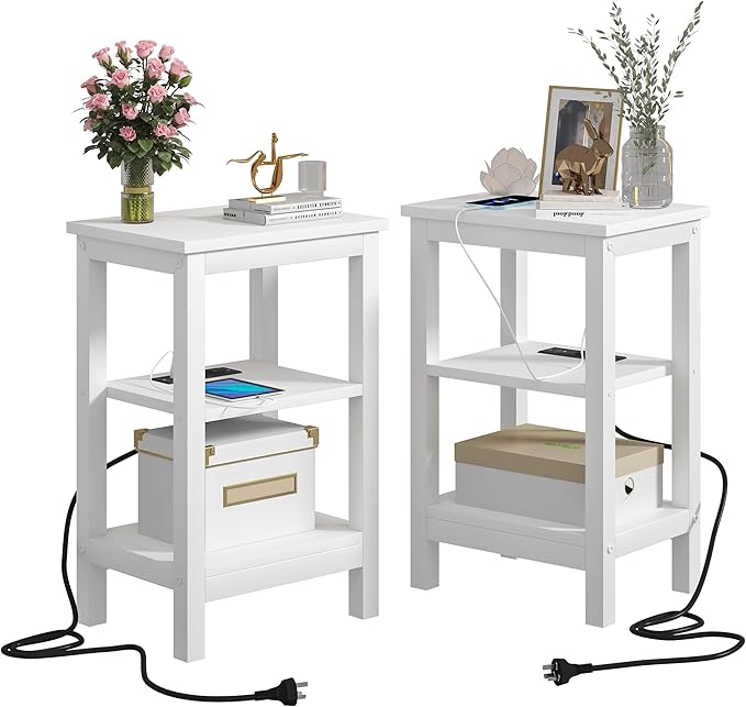 VECELO Modern Nightstands with Charging Station,Side End Table Night Stand with Storage Shelf for Small Spaces, Bedroom,Living Room