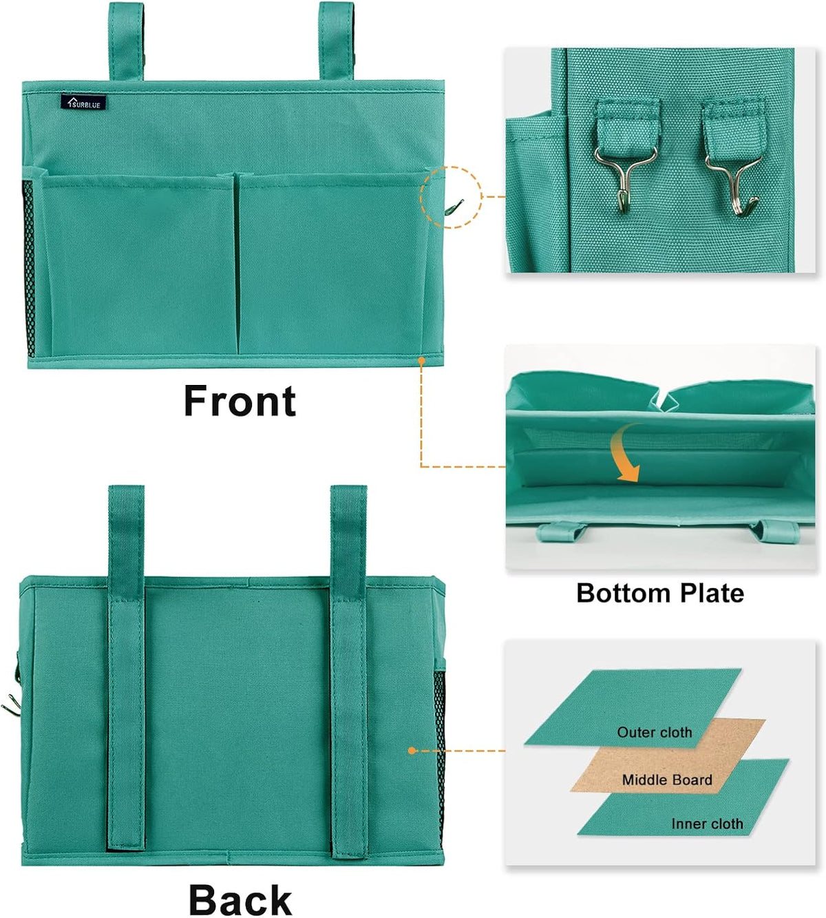 Surblue Caddy Hanging Organizer Bedside Storage Bag for Bunk and Hospital Beds, Teal, Small