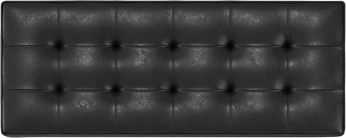 SIMPLIHOME Cosmopolitan Storage Ottoman Bench - 44 inch Wide Upholstered Vegan Leather Rectangle Storage Ottoman in Distressed Black, Transitional Bench for Bedroom with Tufted Lift-Top and Open Shelf