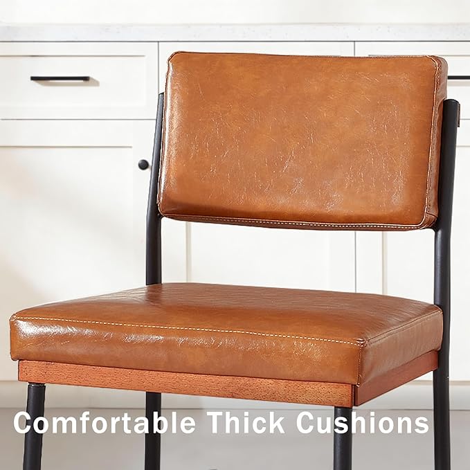 Modern Dining Chairs Set of 2, Kitchen Chairs with Thick Cushions and Adjustable Foot Pads, Upholstered Faux Leather Dining Room Chairs with Sturdy Metal Legs,Brown