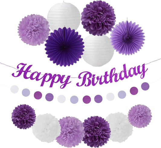 Purple White Birthday Party-Decorations Paper-Flowers - 14pcs Happy Banner Lavender Lanterns Tissue Pom Poms,Lilac Streamers Garland Fans,Women Girls Adult Kids Office Hanging Supplies Decor Hugfond