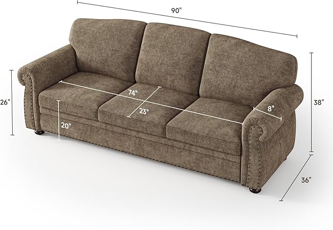 ONBRILL 90 Inch Nailhead Trim Couch for Living Room, 23 Inch Deep Seat Rolled Arm Sofa, Comfy Upholstered 3 Seater Chenille Couch w/Wooden Leg, Large Traditional Sofa for Farmhouse, Brown