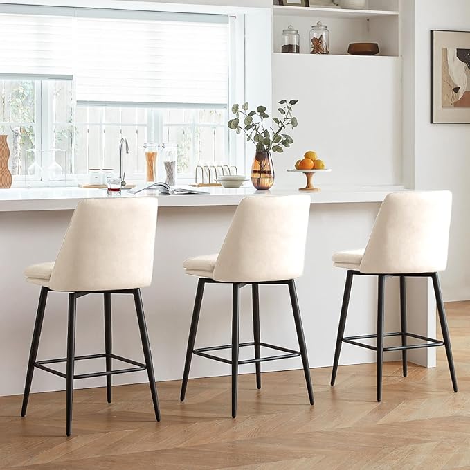 Beige Counter Height Bar Stools Set of 3, 26 Inch Seat Height with Back and Metal Legs, 360° Swivel Upholstered Faux Leather Swivel Bar Stools