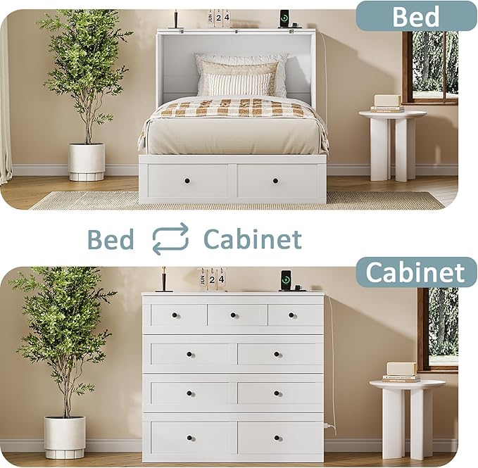 Twin Murphy Bed with Built-in Charging Station, Space-Saving Murphy Bed Chest Twin with Drawer, Foldable, for Home Office Guest Room Bedroom White