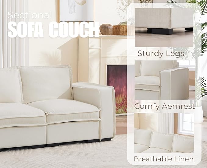 EALSON 93 Inch Modular Sectional Sofa Modern Comfy 3-Seater Couch Sofa Linen Fabric Upholstered Cloud Couches with 24" Deep Seat and Wooden Legs for Bedroom/Living Room/Office, White