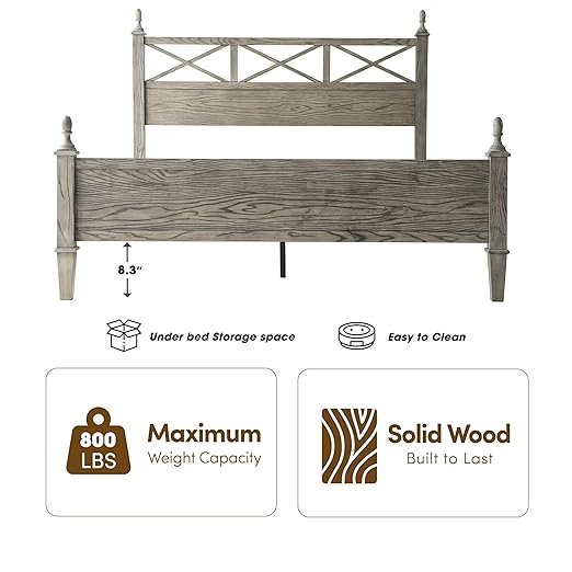 Queen Size Platform Bed Frame with Solid Wood Headboard & Footboard, Metal Legs, 12 Durable Slatted Base, No Box Spring Needed, Easy Assembly, Noise-Free & Anti-Slip, Weathered Gray Oak Finish, RIQ-34