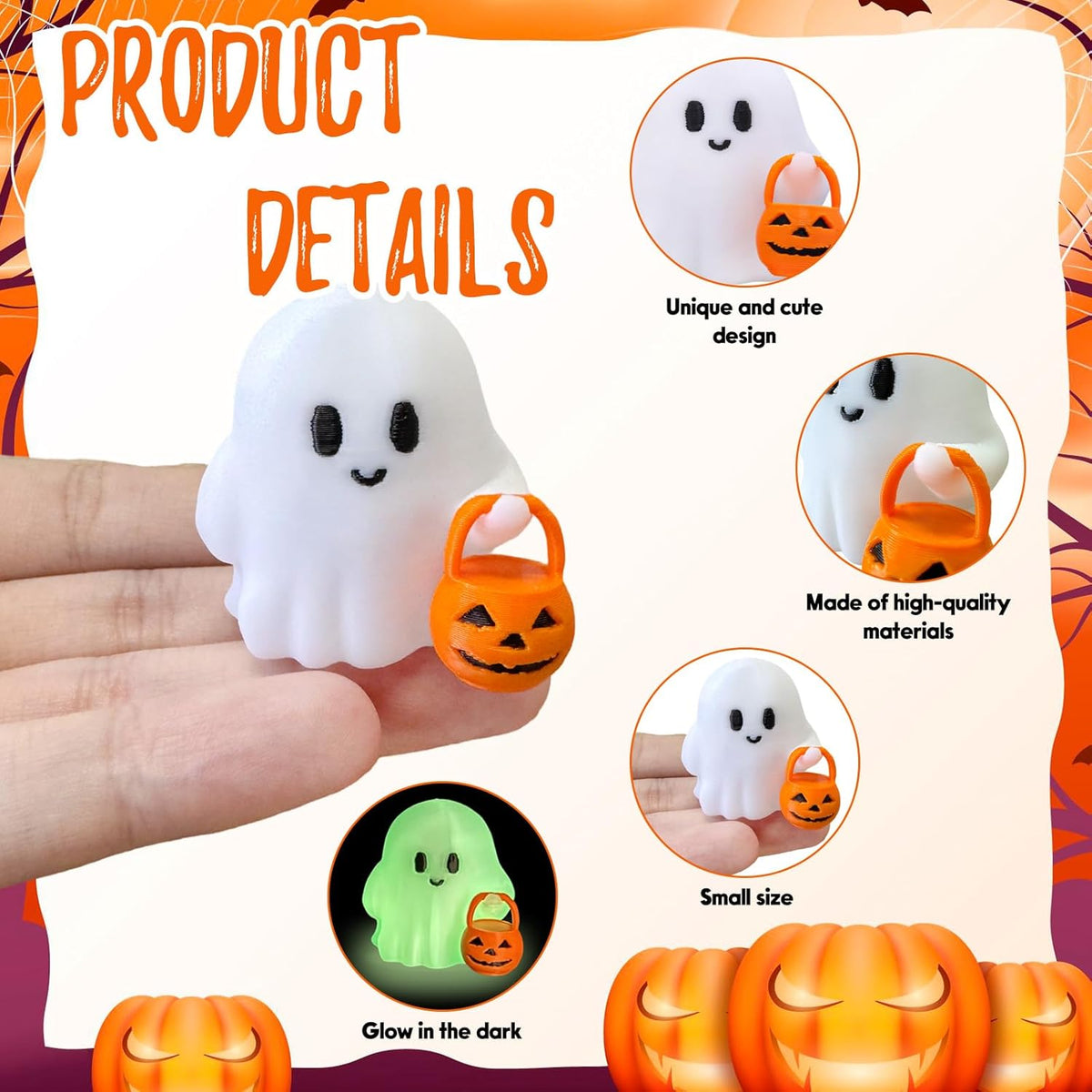 Halloween Decor Fluorescence Ghost Figurines Carrying Pumpkins – Mini Cute Resin Spooky Table Statue Halloween Festive Decoration for Holiday Bookshelf Terrace Bedroom Indoor Home Tabletop Gifts