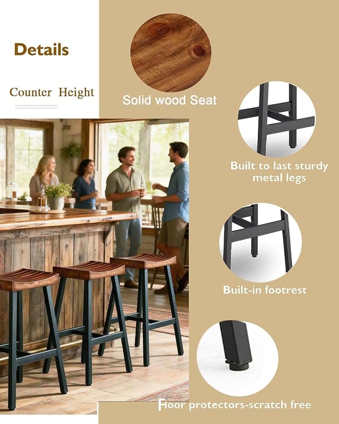 OUllUO Bar Stools Set of 2, Backless Saddle Barstools, 25" Counter Height Bar Stools, Solid Wood Counter Stools with Metal Frame, 521P-BBWD