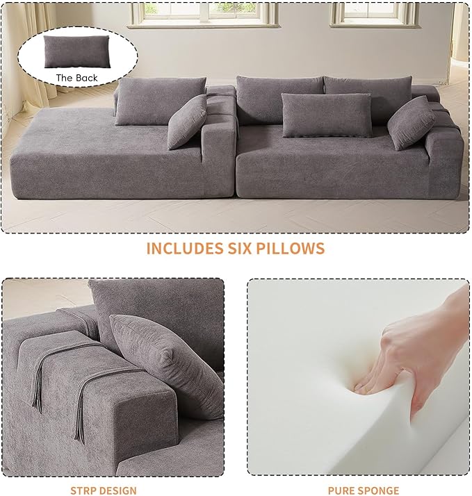 108" Modular Sectional Couch Sofa with L-Shape Chaise, Modern Cloud Comfy Sofa with Deep Seat, Upholstered Couches for Living Room Bedroom, No Assembly Required (Grey Right Facing Chaise)