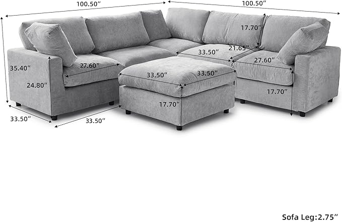 WJShome Modern V Shaped Sectional Couches for Living Room,100 Inch 5-Seater Chenille Deep Seat Modular Sofa with Ottoman, Cloud Couch for Bedroom and Apartment，Gray