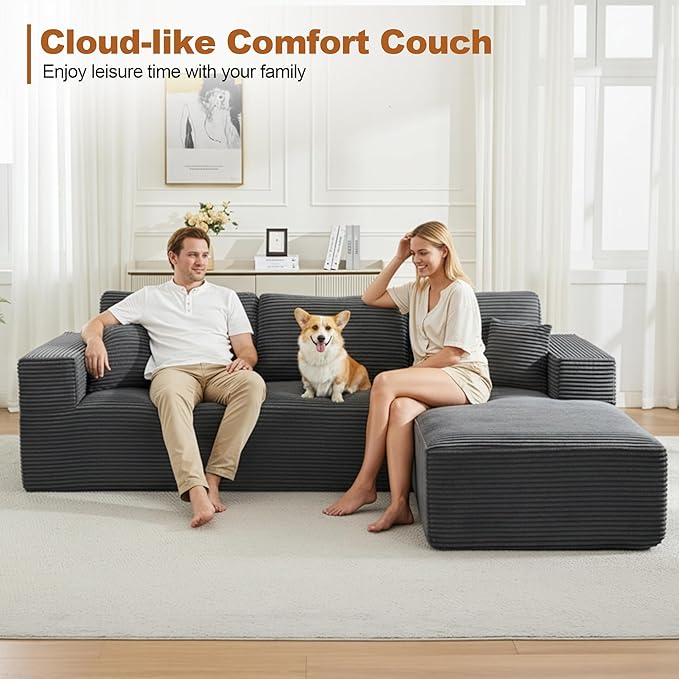 106" Cloud Modular Sectional Sofa Couch with L-Shape Chaise,Modern Boneless Sectional Couch with Deep Seat,Upholstered Couches for Living Room Bedroom,No Assembly Required,Dark Grey