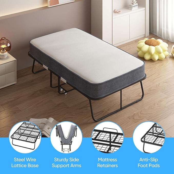 Mjkone Folding Bed with Mattress for Adults, Rollaway Bed with 5 Inch Memory Foam, Space Saving Portable Bed with Lockable Wheel, Sturdy Fold Up Frame and Memory Foam for Bedroom/Guest (75" x 51")