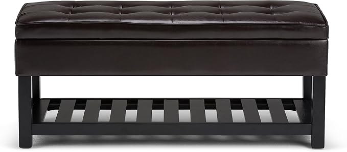 SIMPLIHOME Cosmopolitan Storage Ottoman Bench - 44 inch Wide Upholstered Vegan Leather Rectangle Storage Ottoman in Tanners Brown, Transitional Bench for Bedroom with Tufted Lift-Top and Open Shelf