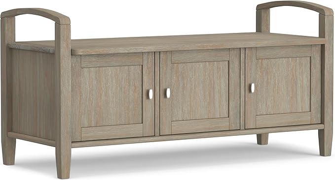 SIMPLIHOME Warm Shaker Entryway Storage Bench - 44 inch Wide Solid Wood Storage Seat in Distressed Grey, Transitional Bench Seat for Mudroom or Living Room with Lift-Up Lid and Shaker-Style Panels