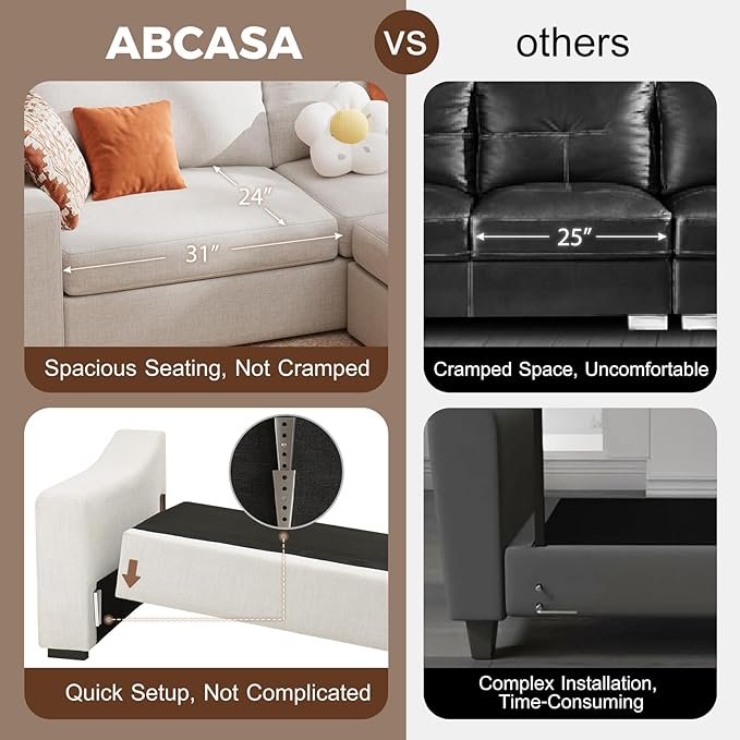 ABCASA Oversized 136" Modular Sectional Sofa, Deep Seat U Shaped Couches for Living Room, Breathable Linen Fabric Corner Couch, Easy to Assemble, Grey