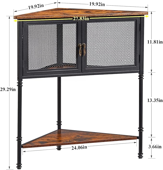 VECELO 3 Tier Corner Shelf,Corner Table with Mesh Door and Open-Shelf,Corner Cabinet Stand,Metal Frame Organizer Display Storage Shelves for Bedroom,Living Room,Kitchen,Bathroom