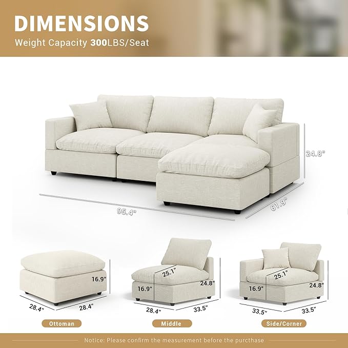 Modular Cloud Sectional Couches for Living Room,L Shaped Filled-Down Sofas,95.4" Detachable Couch Cushion Covers,Cozy Sofa for Apartment Beige