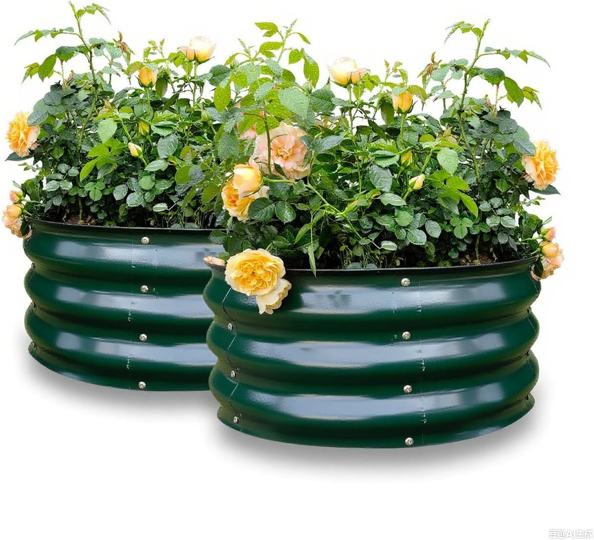 GARDMAX 2 Pack 2x2x1FT Galvanized Round Raised Garden Bed Kit, Metal Planter Boxes Outdoor with Easy Assembly, Large Garden Bed for Vegetables, Fruits, Flower, Herbs Dark Green