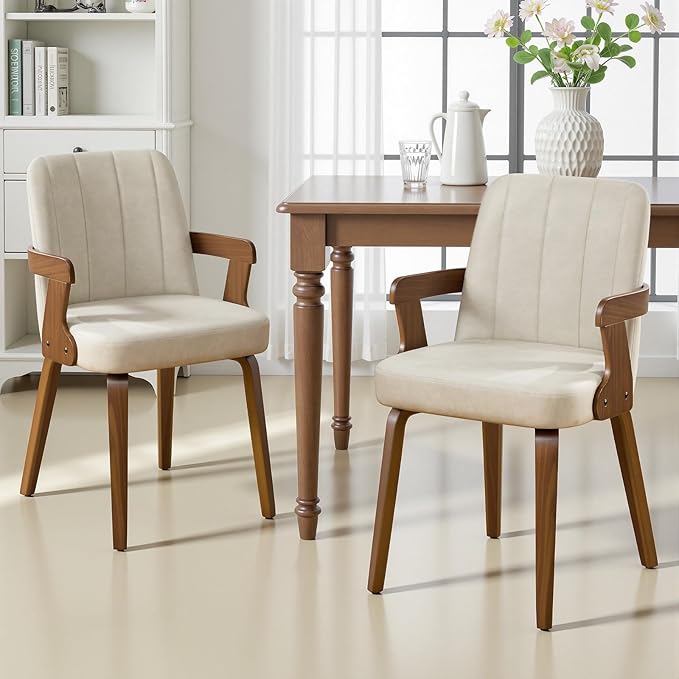 Kitchen Dining Chairs Set of 2, Faux Leather Upholstered Dining Room Chairs with Wood Arms and Legs, Mid Century Modern Kitchen Side Chair for Living, Bedroom, Restaurant, Walnut/Beige