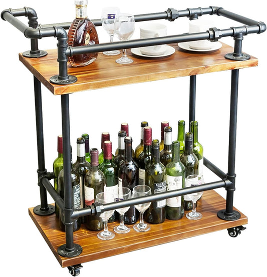 Industrial Pipe Bar Carts/Serving Carts/Kitchen Carts/Wine Rack Carts on Wheels with Shelves - Wood Rolling Carts - Wine Tea Liquor Shelves/Holder - Home Furniture