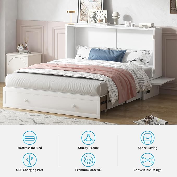 Mjkone Murphy Bed Queen Cabinet Bed with Tri-fold Mattress and Built-in USB Charging & 2 Drawers & Bedside Panel, Hidden Guest Beds, Murphy Cube Chest Cabinet Beds for Bedroom/Apartment - White
