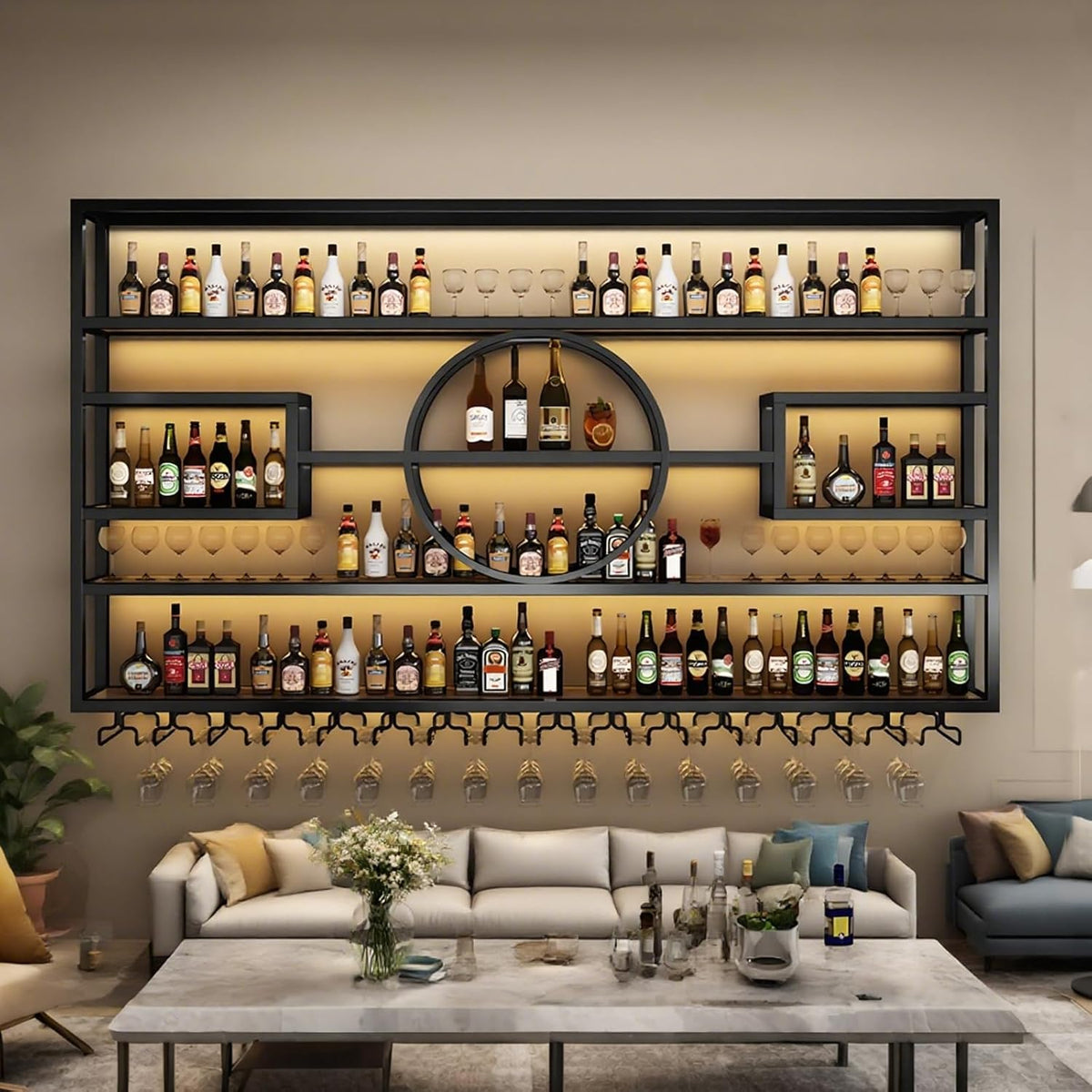 55.1in Wall Mounted Wine Rack, Modern Metal Wine Bottle and Glass Holder, Iron Display Stand Decorative Wine Rack, for Bar Living Room Dining Room Background (Black, 55.1 * 8 * 51INCHES)