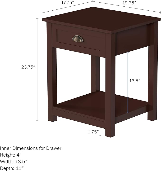 Side Table - Wooden Night Stand with Drawer and Open Storage Shelf - Shaker Style Bedroom or Living Room Furniture - Use as Bedside or End Table by Lavish Home (Brown)
